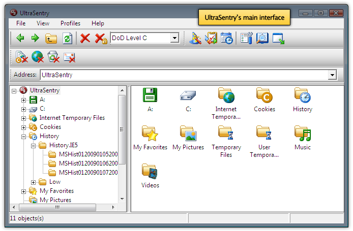 UltraSentry secure delete main interface